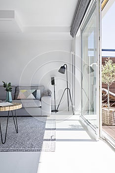 Real photo of white living room interior with grey couch, black