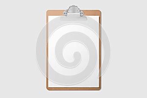 Real photo, wooden clipboard with blank A4 paper mockup template, isolated on light grey background