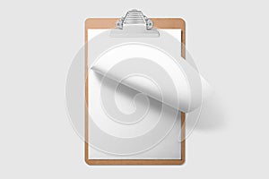 Real photo, wooden clipboard with blank A4 paper mockup template, isolated on light grey background