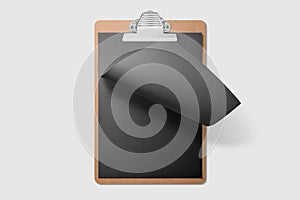 Real photo, wooden clipboard with blank black A4 paper mockup template, isolated on light grey background