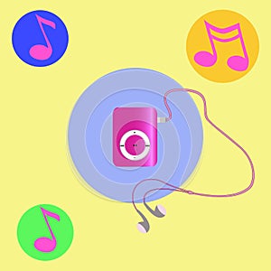Real pink mp3 player with headphones. Vector