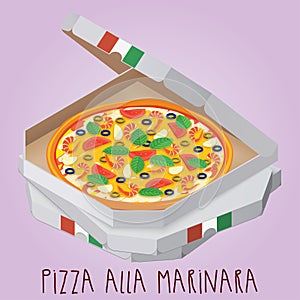 The real Pizza alla marinara. Italian pizza in box.