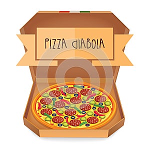 The real Pizza Diabola. Italian pizza in box. Diabolical. Diabo.