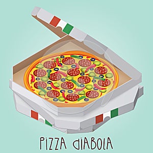 The real Pizza Diabola. Italian pizza in box. Diabolical. Diabo.
