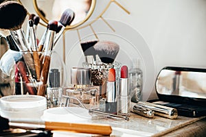 Real professional makeup tools and acessories, brushes and lipsticks