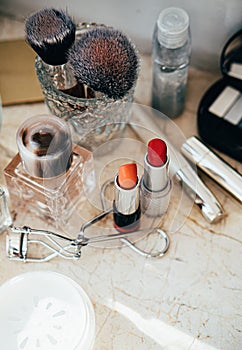 Real professional makeup tools and acessories, brushes and lipsticks