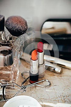 Real professional makeup tools and acessories, brushes and lipsticks