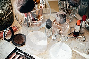 Real professional makeup tools and acessories, brushes and lipsticks