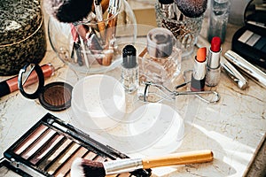 Real professional makeup tools and acessories, brushes and lipsticks