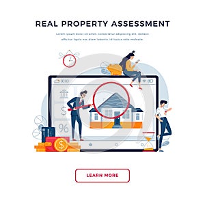 Real property assessment banner. House owners await an appraisal results while appraiser is doing real estate inspection photo