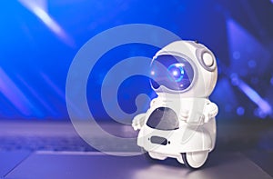 Real Robot on virtual screen online system. Digital Chatbot, Conversation assistant, AI Artificial Intelligence concept.