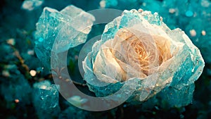 real rose with many green leaves on its branches many crystal clear broken ice blue roses blue crystal dew