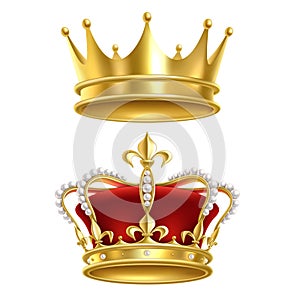 Real royal crown. Imperial gold luxury monarchy medieval crowns for heraldic sign isolated realistic vector set on white photo
