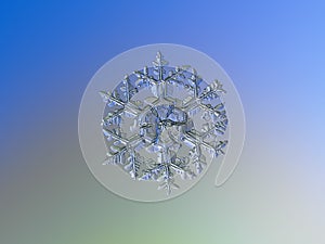 Real snowflake glittering on smooth gradient background