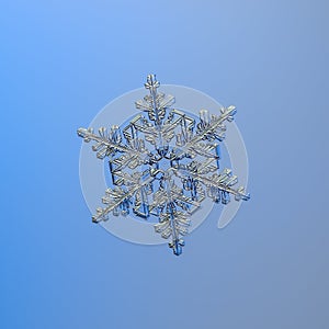 Real snowflake glittering on smooth gradient background