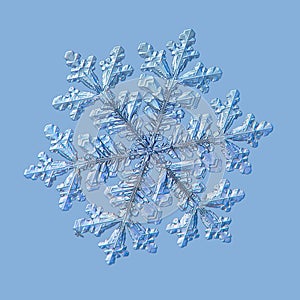 Real snowflake isolated on uniform blue background