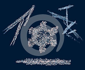 Real snowflakes at high magnification. Macro photo of small snow bubbly crystal, snowflake glowing on dark blue