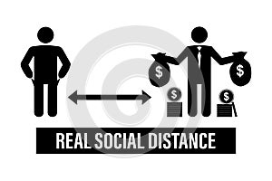 Real social distance. Funny banner with black humans icons. Poverty and wealth, class distinction. Large income gap. Inequality,