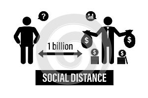 Real social and financial distance. Banner with black humans icons. Poverty and wealth, class distinction. Large income gap.