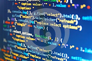 Real software development code. Running Computer data / WWW programming. IT business. Css3 code on a colorful background. Data photo