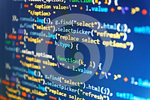 Real software development code. Running Computer data / WWW programming. IT business. Css3 code on a colorful background. Data