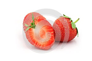 Real strawberries with leaf isolate on white background
