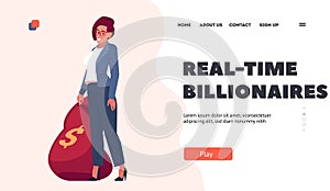 Real-time Billionaires Landing Page Template. Wealthy Young Woman with Money Bag. Businesswoman Receiving Income