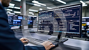 Real-time data analysis control room digital interface modern workplace close-up technology innovation