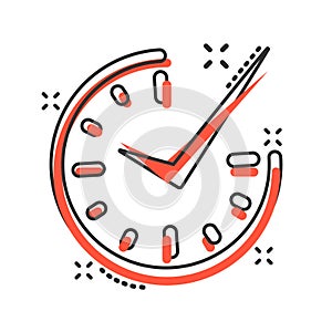 Real time icon in comic style. Clock vector cartoon illustration on white isolated background. Watch business concept splash