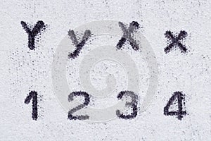 Real typewriter font alphabet with letters Y, X and digits  1, 2, 3, 4