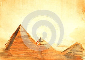 Real Watercolor sketch of Egyptian Pyramids on a golden sandy sk