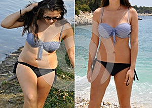 Real before and after weight loss photo of womanâ€˜s body in bikini. Unprofessional, amateur natural before and after photos