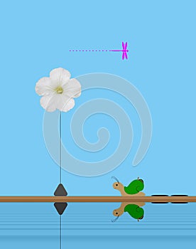 Real white flower and illustration snail, dragonfly isolated on blue background