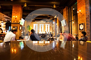 Real wood table with light reflection on scene at restaurant, pu