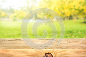 Real wood table top texture on leaf tree garden background