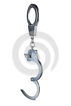 real zinc plated steel police handcuffs half-opened with key hanging vertically, isolated on white background