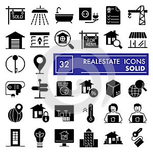 Realestate glyph icon set, house symbols collection, vector sketches, logo illustrations, rent signs solid pictograms