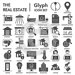 Realestate glyph SIGNED icon set, house symbols collection, vector sketches, logo illustrations, rent signs solid