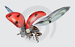 Realictic flying ladybug isolated on white background. Macro image of an insect. Vector illustration