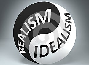 Realism and idealism in balance - pictured as words Realism, idealism and yin yang symbol, to show harmony between Realism and