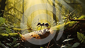 Realism Illustration Of An Ant Walking Through A Sunlit Forest