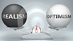 Realism and optimism in balance - pictured as a scale and words Realism, optimism - to symbolize desired harmony between Realism