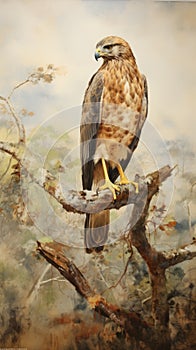 Realist Hawk Painting On Branch: Detailed Artwork By Stephen Shortridge, Frank Cadogan Cowper, And David Nordahl photo