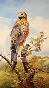 Realist Landscape Painting: Brown Tan Eagle Perched On Branch