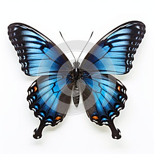 Realist Lifelike Blue And Black Butterfly On White Background