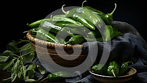 Realist still life of green italian peppers in a basket