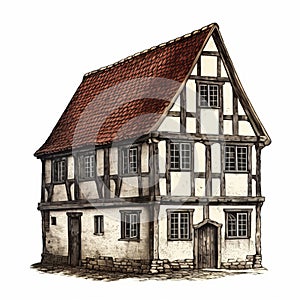 Realistic 16th Century Halftimber House Painting With Detailed Illustrations
