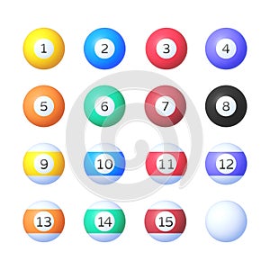 Realistic 3d ball billiard set for game background design. Isolated vector illustration