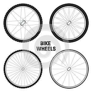 Realistic 3d bicycle wheels. Bike rubber tyres, shiny metal spokes and rims. Fitness cycle, touring, sport, road and