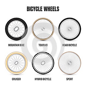 Realistic 3d bicycle wheels. Bike rubber tyres, shiny metal spokes and rims. Fitness cycle, touring, sport, road and